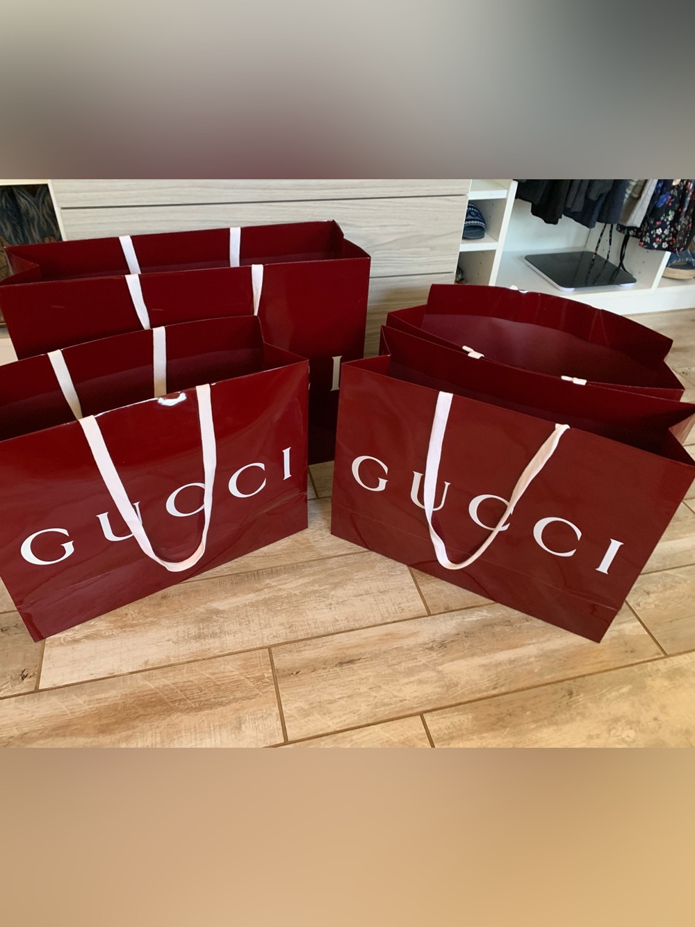 Gucci Glossy Deep Red Shopping Bags with White Handles (total four)